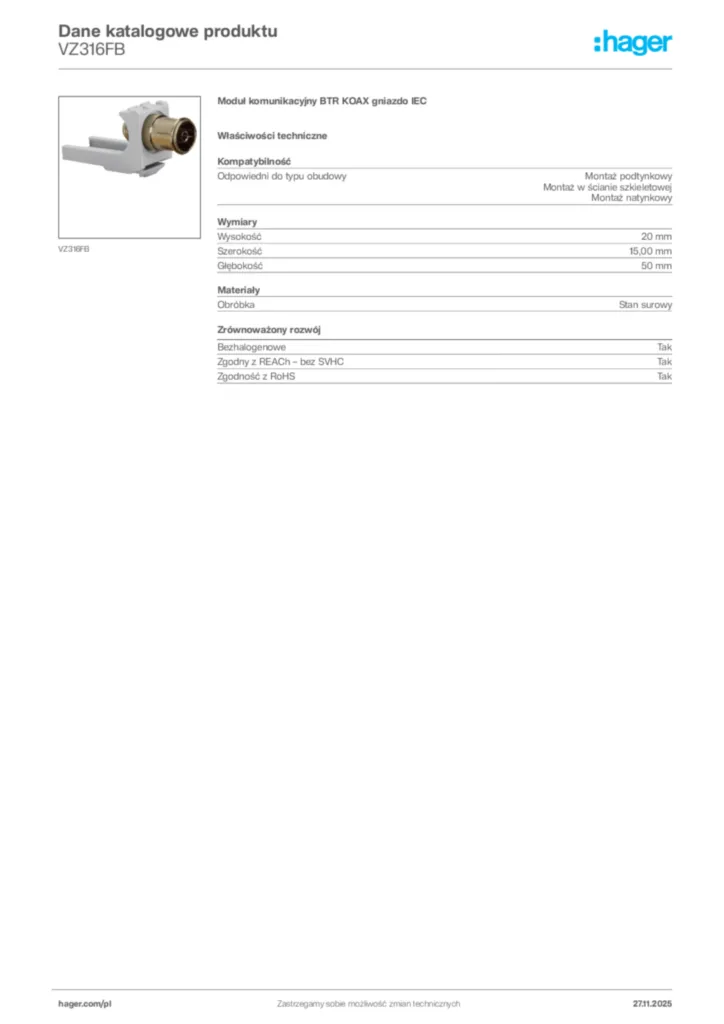 Zdjęcie Hager Karta katalogowa VZ316FB | Hager Polska