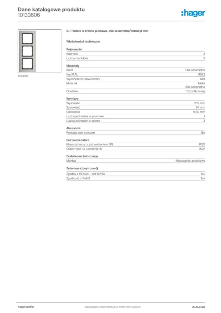 Zdjęcie Hager Karta katalogowa 10133606 | Hager Polska