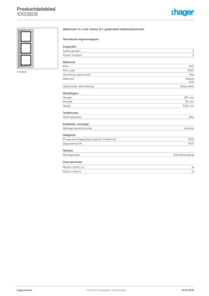 Afbeelding Hager Productdatablad 10133606 | Hager Nederland