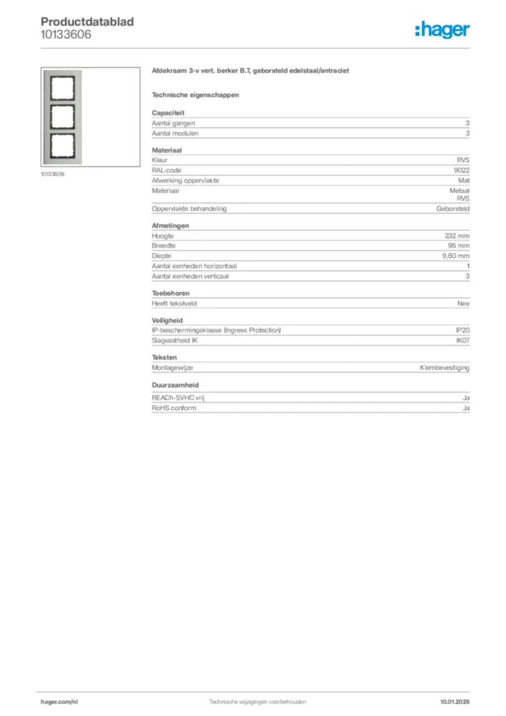 Afbeelding Hager Productdatablad 10133606 | Hager Nederland