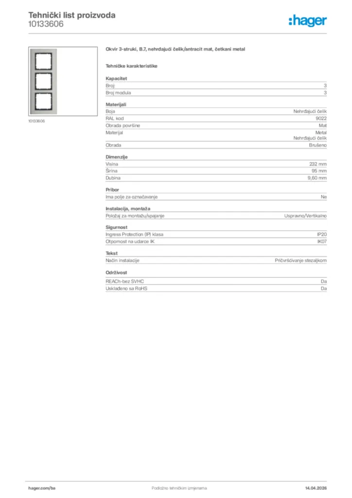 Slika Hager Tehnički list proizvoda 10133606  | Hager