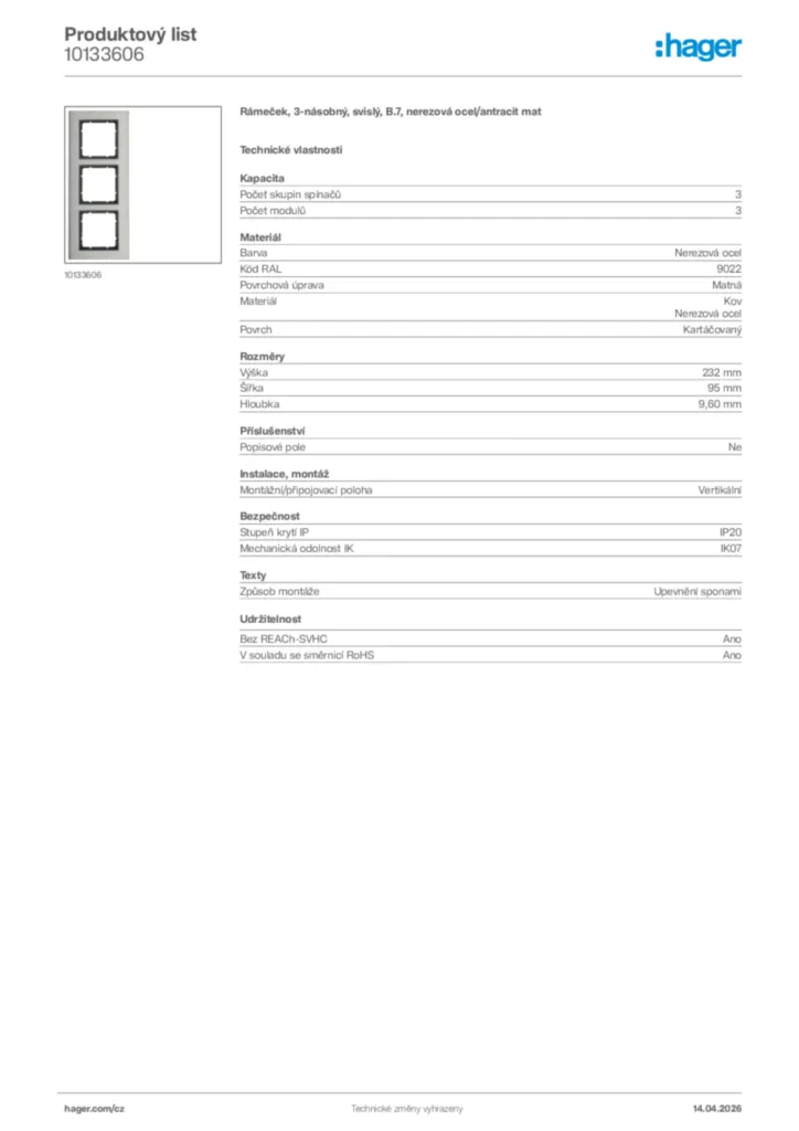 Obrázek Hager Product data sheet 10133606 | Hager