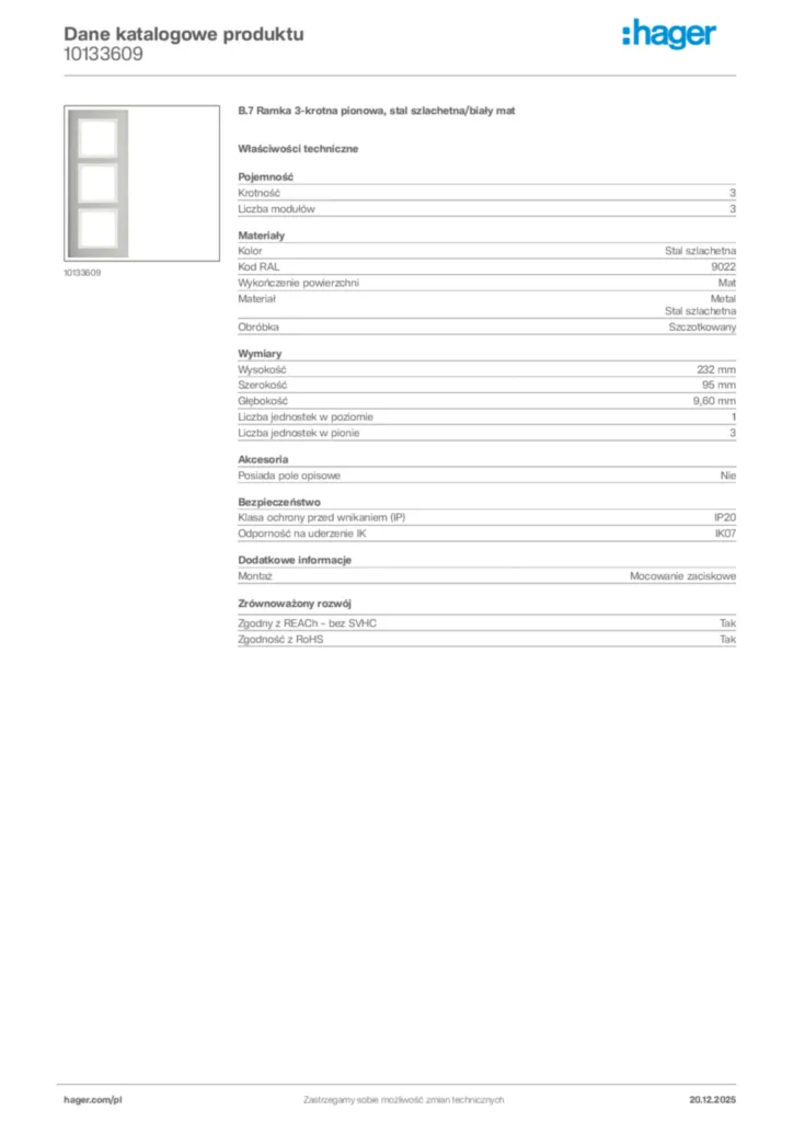 Zdjęcie Hager Karta katalogowa 10133609 | Hager Polska