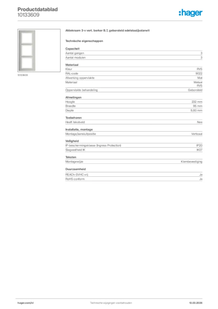 Afbeelding Hager Productdatablad 10133609 | Hager Nederland