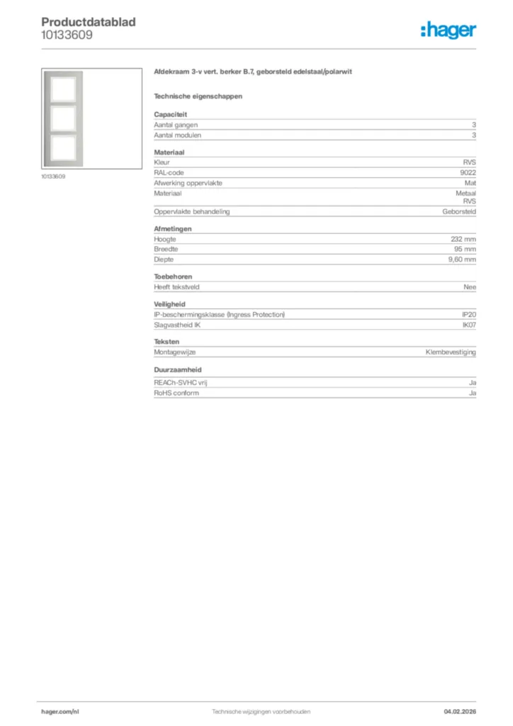 Afbeelding Hager Productdatablad 10133609 | Hager Nederland