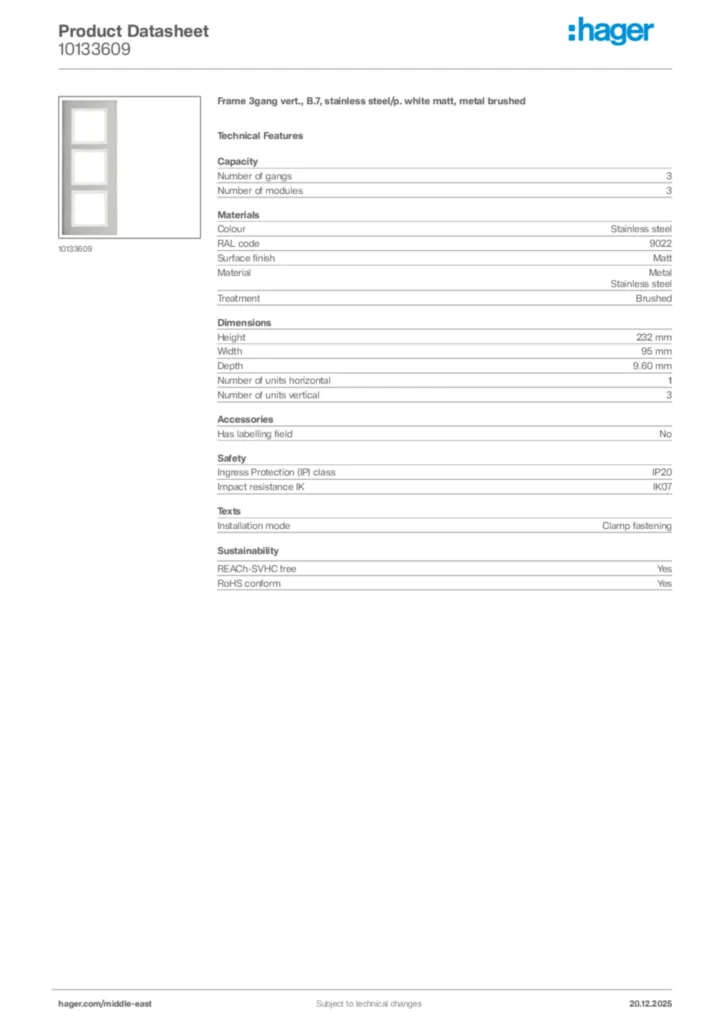 Image Hager Product data sheet 10133609  | Hager