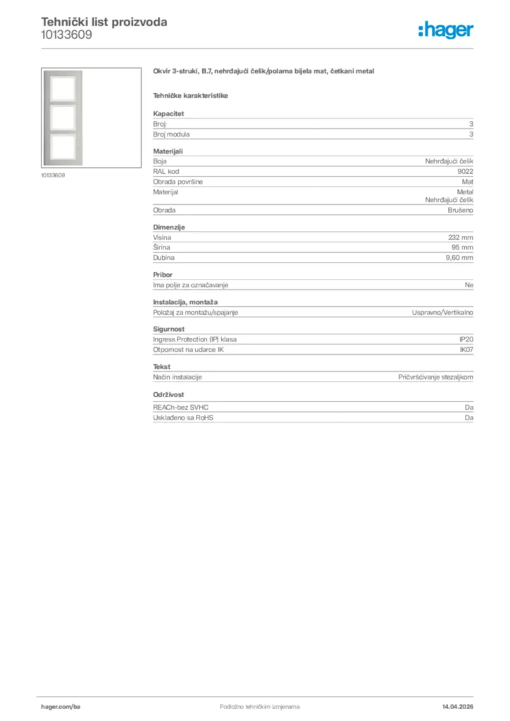 Slika Hager Tehnički list proizvoda 10133609  | Hager