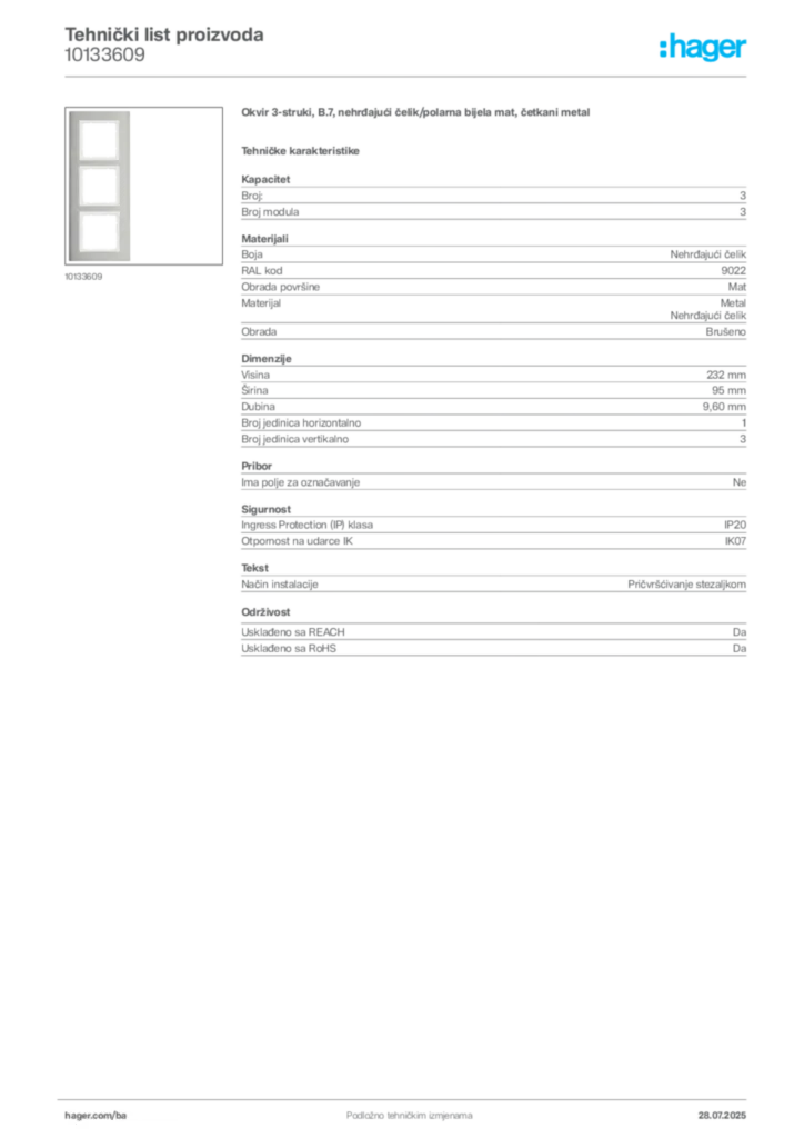 Slika Hager Product data sheet 10133609  | Hager