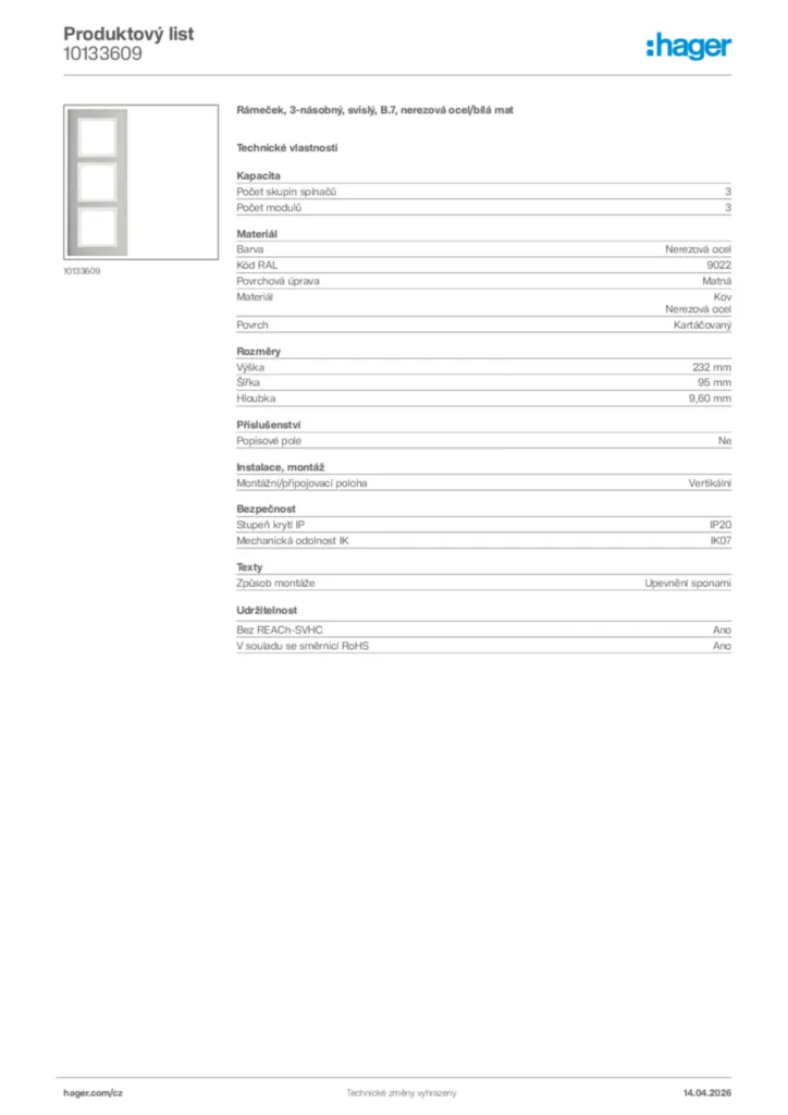 Obrázek Hager Product data sheet 10133609 | Hager