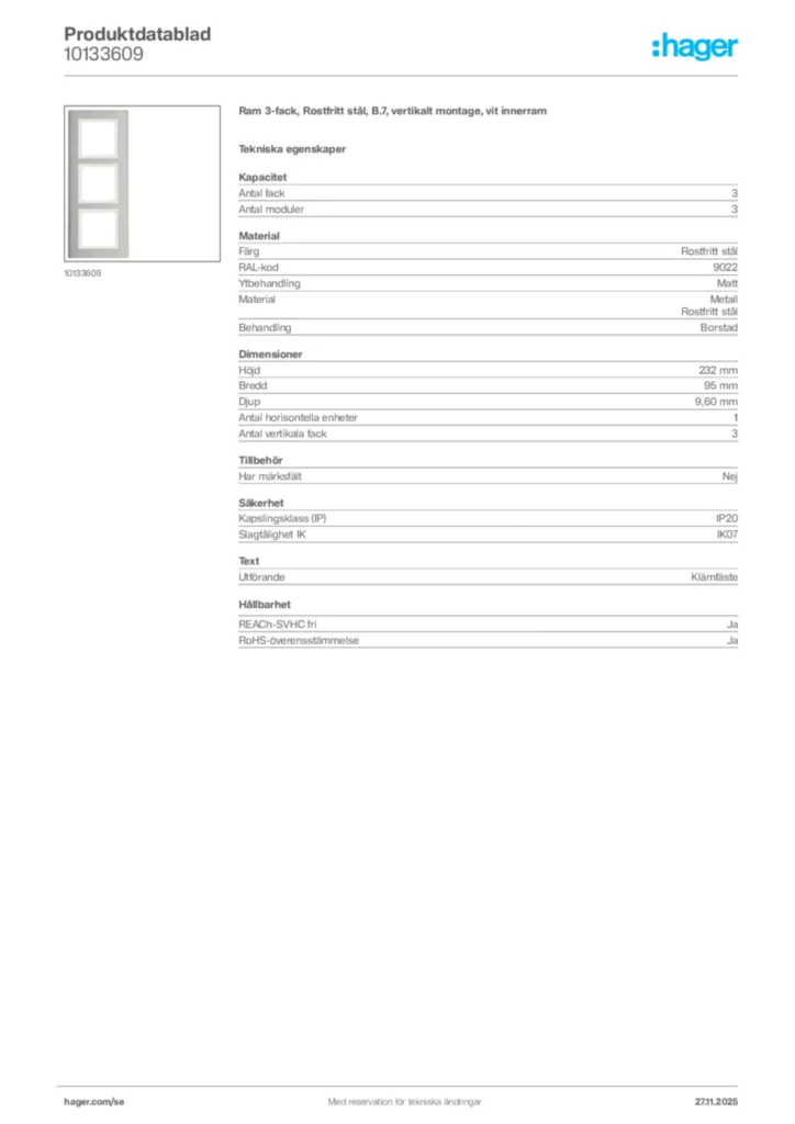 Bild Hager Produktdatablad 10133609 | Hager Sverige