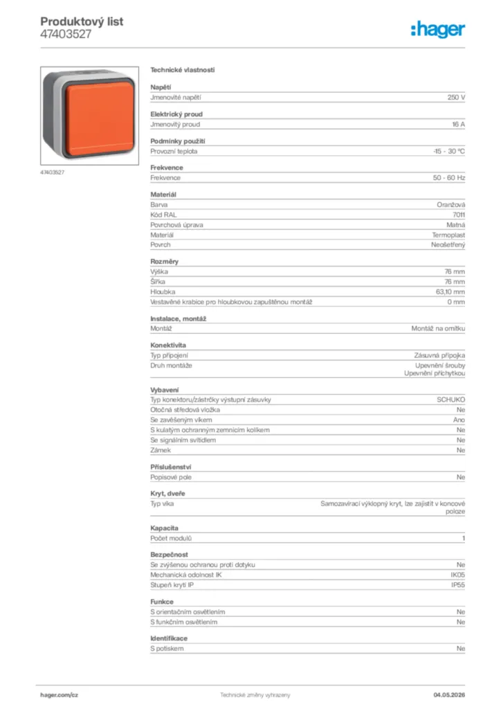 Obrázek Hager Product data sheet 47403527 | Hager