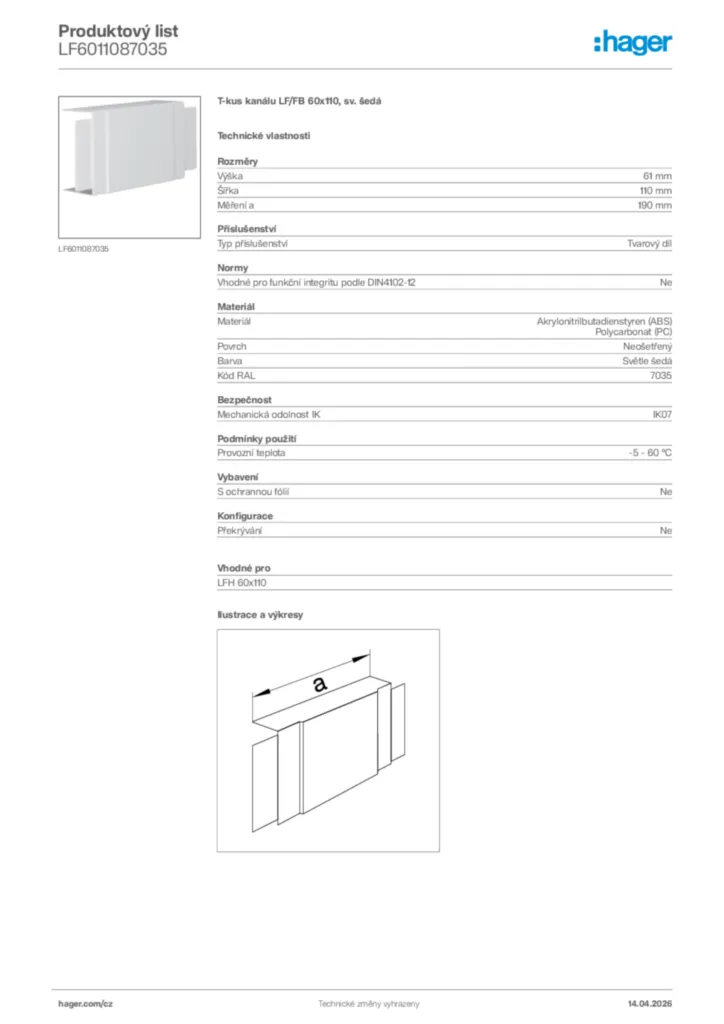 Obrázek Hager Product data sheet LF6011087035 | Hager