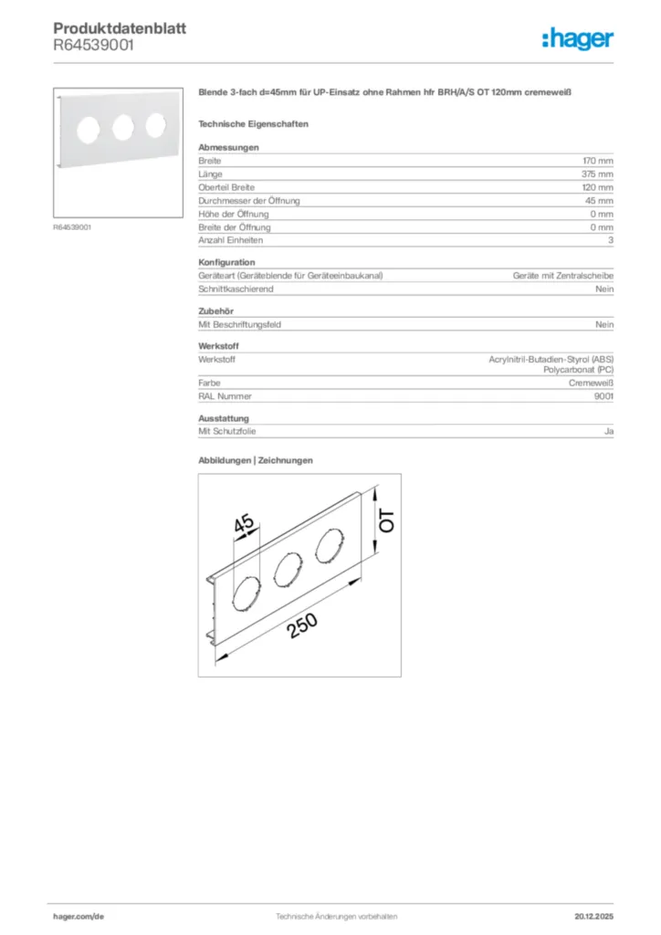 Bild Hager Produktdatenblatt R64539001 | Hager Deutschland