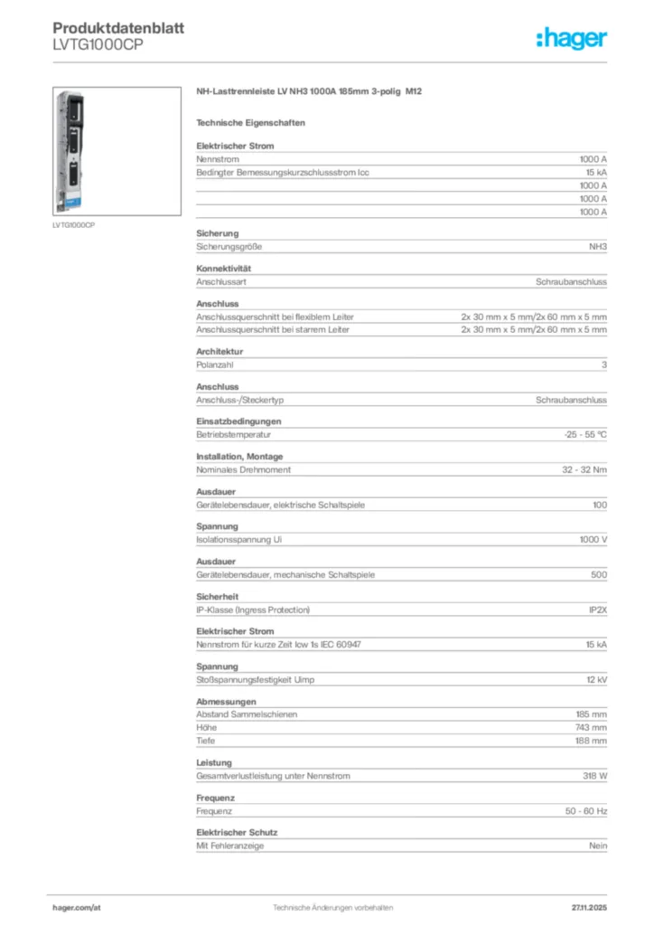 Bild Hager Produktdatenblatt LVTG1000CP | Hager Deutschland