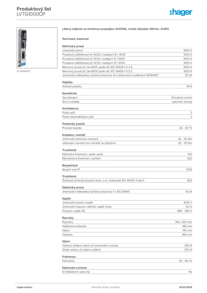Obrázek Hager Product data sheet LVTG1000CP | Hager