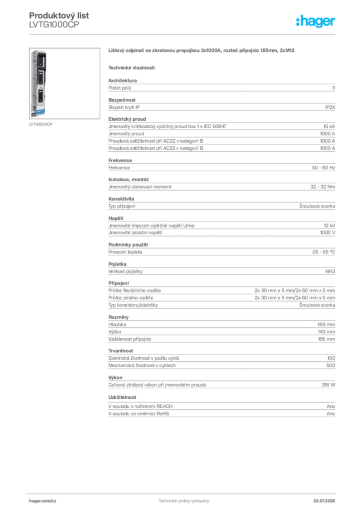 Obrázek Hager Produktový list LVTG1000CP | Hager