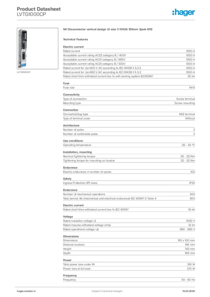 Image Hager Product data sheet LVTG1000CP  | Hager