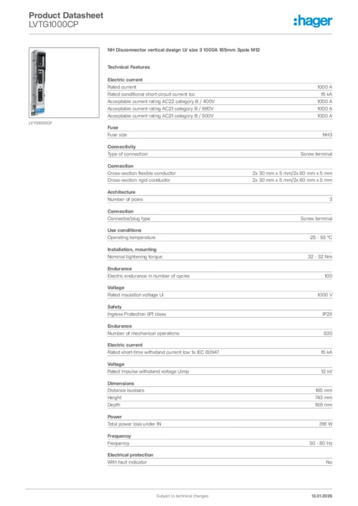 Image Hager Product data sheet LVTG1000CP  | Hager