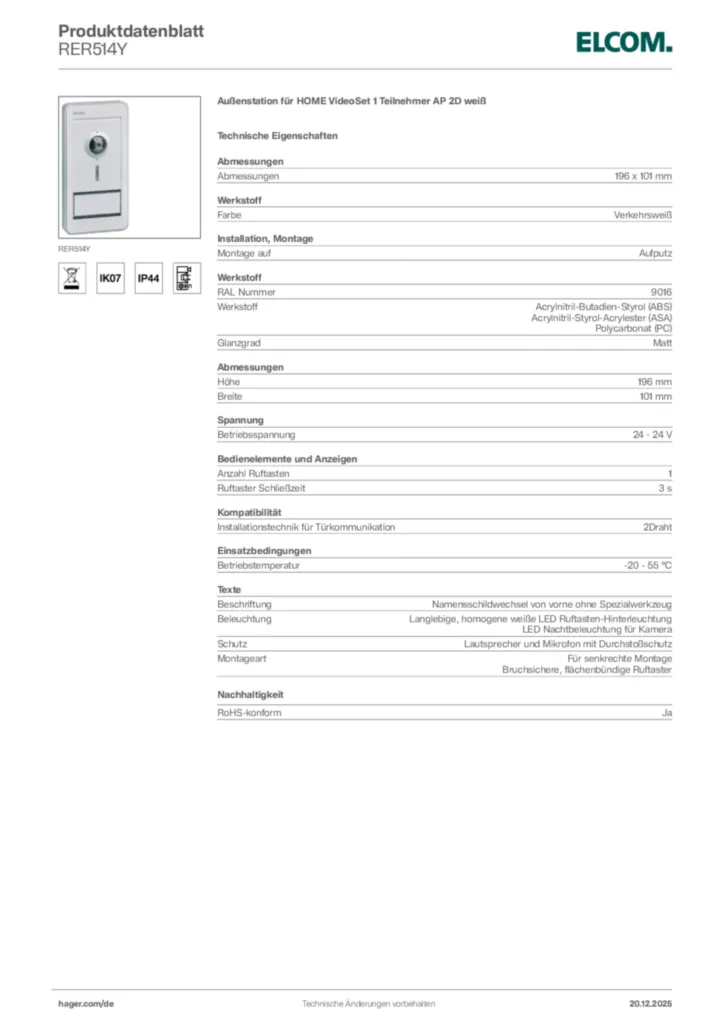Bild Elcom Produktdatenblatt RER514Y | Hager Deutschland