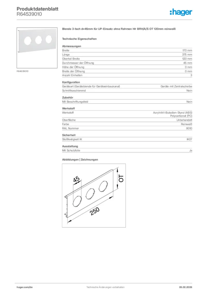Bild Hager Produktdatenblatt R64539010 | Hager Deutschland