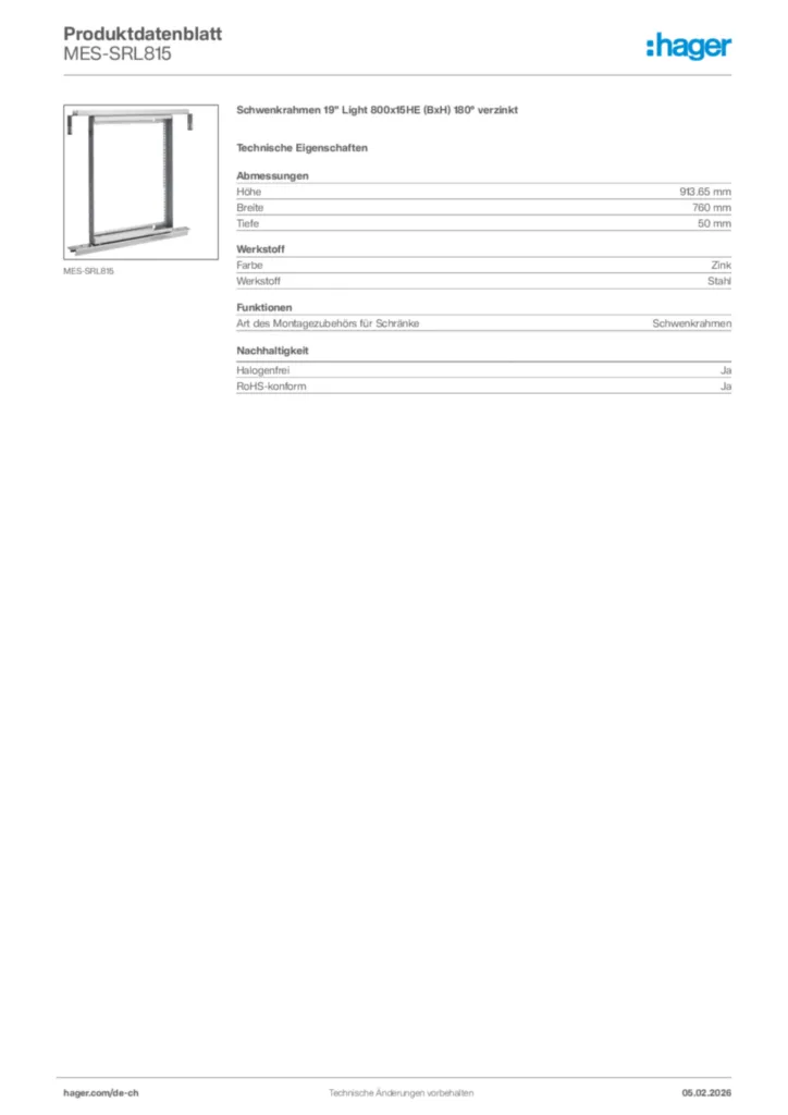 Bild Hager Produktdatenblatt MES-SRL815 | Hager Schweiz