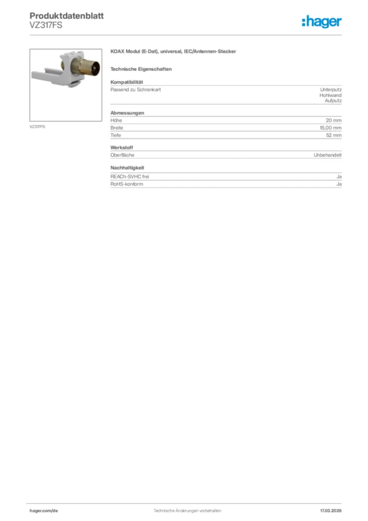 Bild Hager Produktdatenblatt VZ317FS | Hager Deutschland