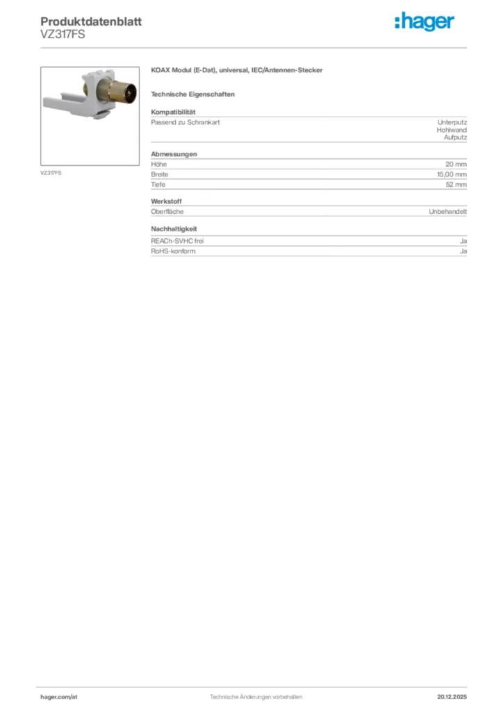 Bild Hager Produktdatenblatt VZ317FS | Hager Deutschland