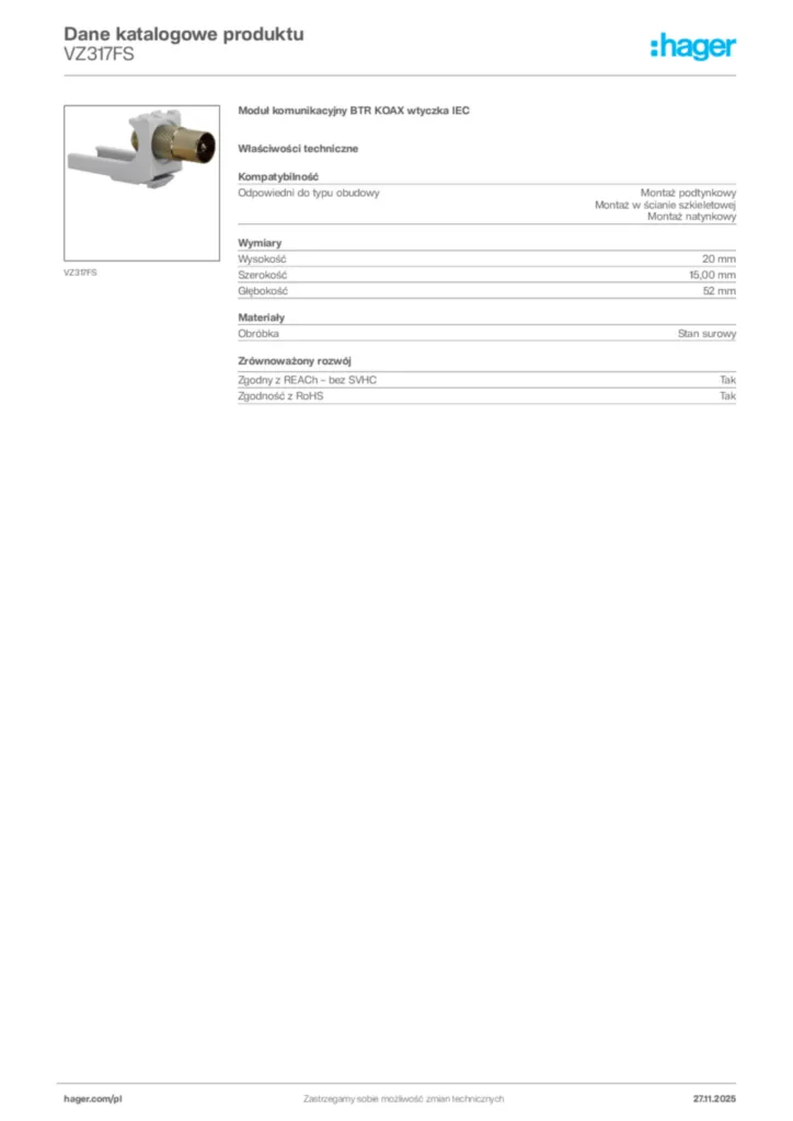 Zdjęcie Hager Karta katalogowa VZ317FS | Hager Polska