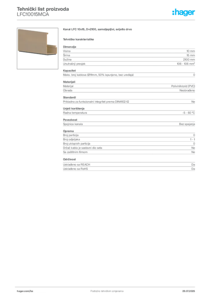 Slika Hager Product data sheet LFC10015MCA  | Hager