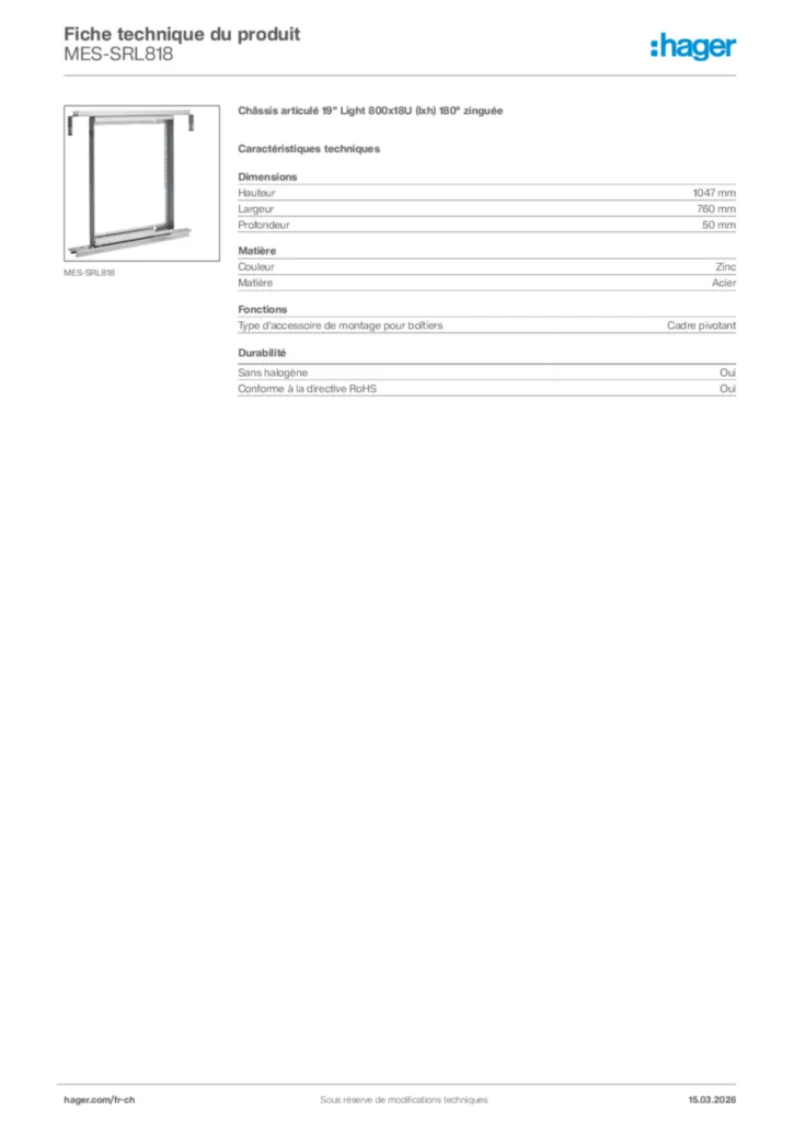 Image Hager Fiche technique du produit MES-SRL818 | Hager Suisse