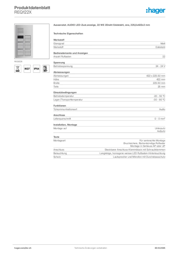 Bild Hager Produktdatenblatt REQ122X | Hager Schweiz