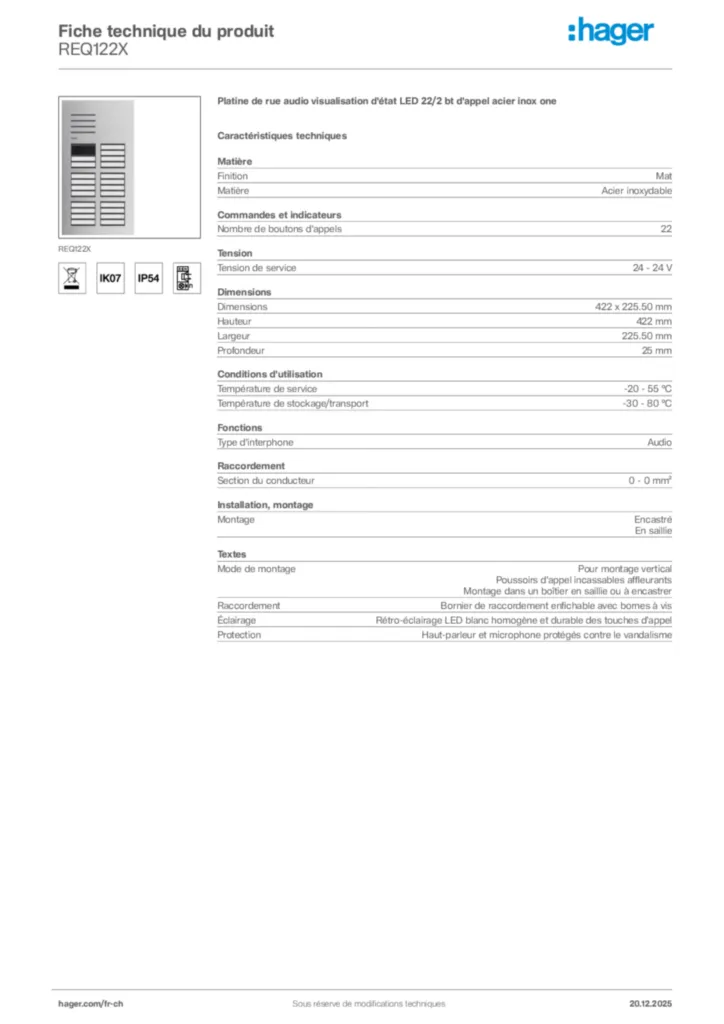 Image Hager Fiche technique du produit REQ122X | Hager Suisse