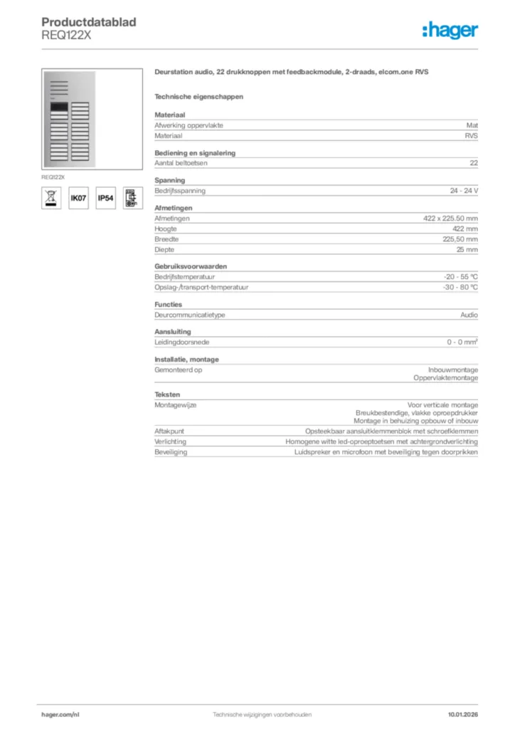 Afbeelding Hager Productdatablad REQ122X | Hager Nederland