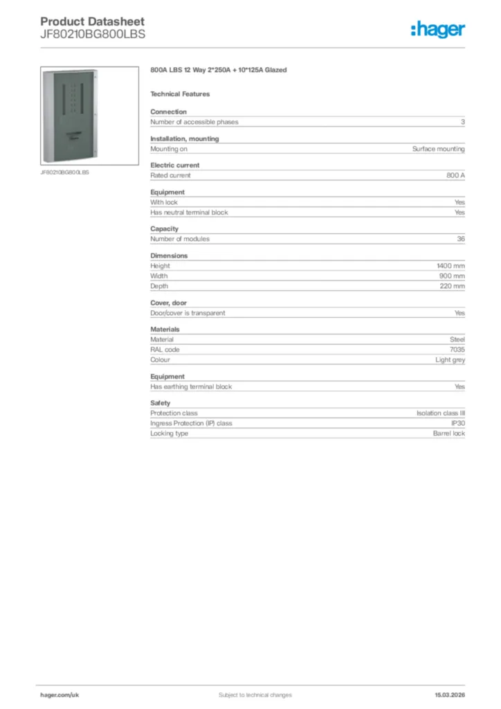 Image Hager Product data sheet JF80210BG800LBS  | Hager