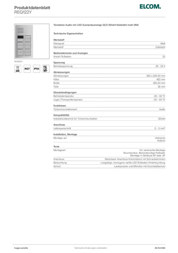 Bild Elcom Produktdatenblatt REQ122Y | Hager Deutschland