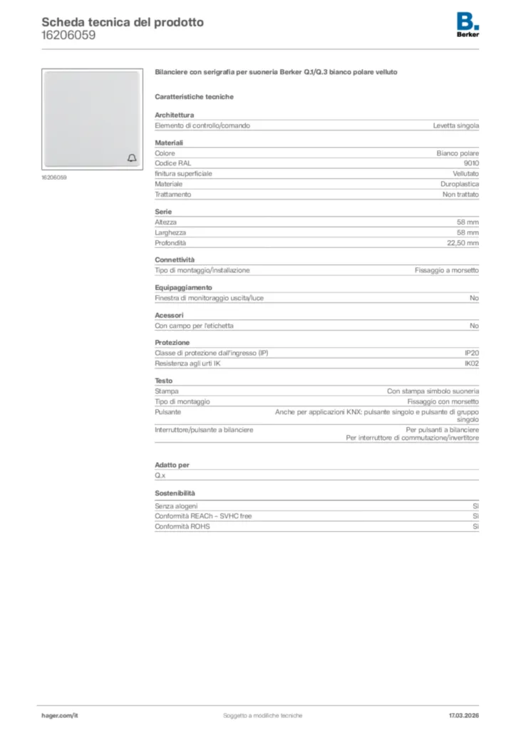 Immagine Berker Scheda tecnica del prodotto 16206059 | Hager Italia