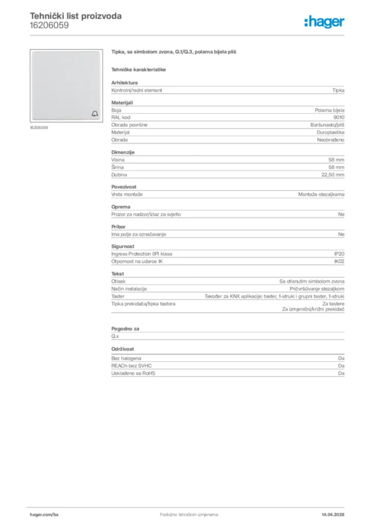 Slika Hager Tehnički list proizvoda 16206059  | Hager