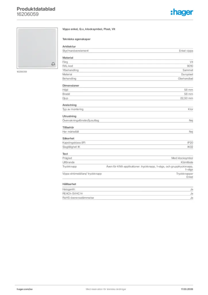 Bild Hager Produktdatablad 16206059 | Hager Sverige