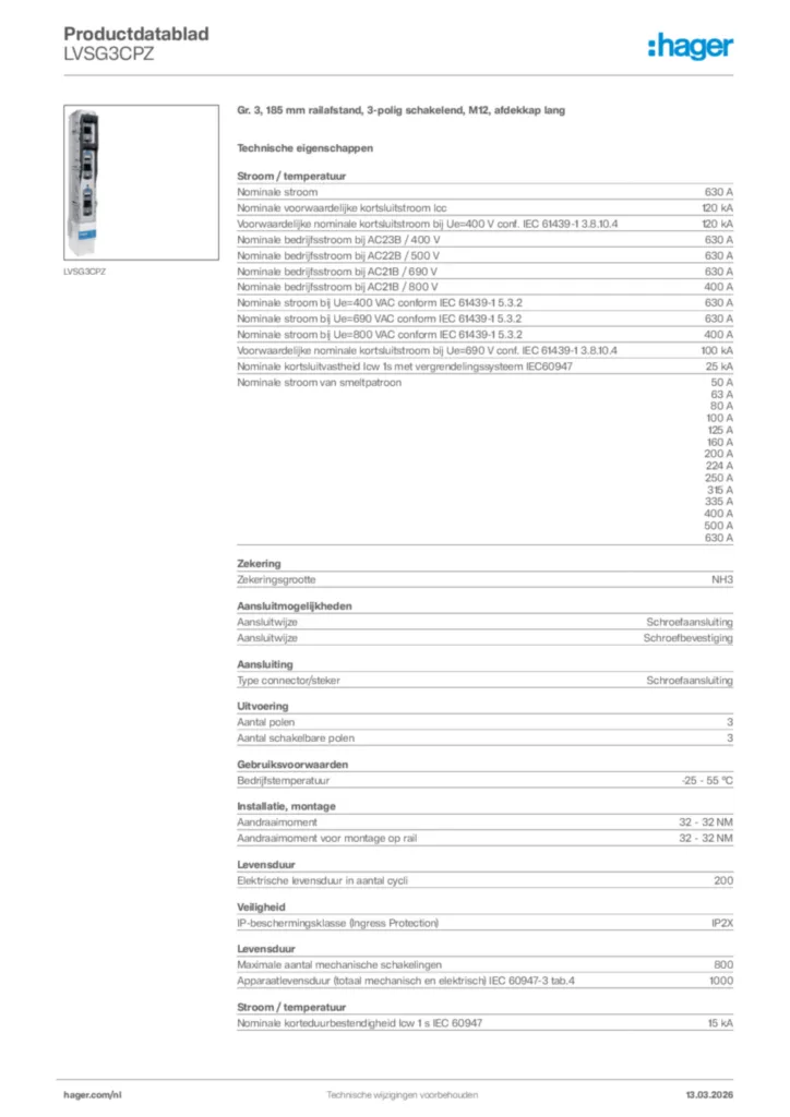 Afbeelding Hager Productdatablad LVSG3CPZ | Hager Nederland