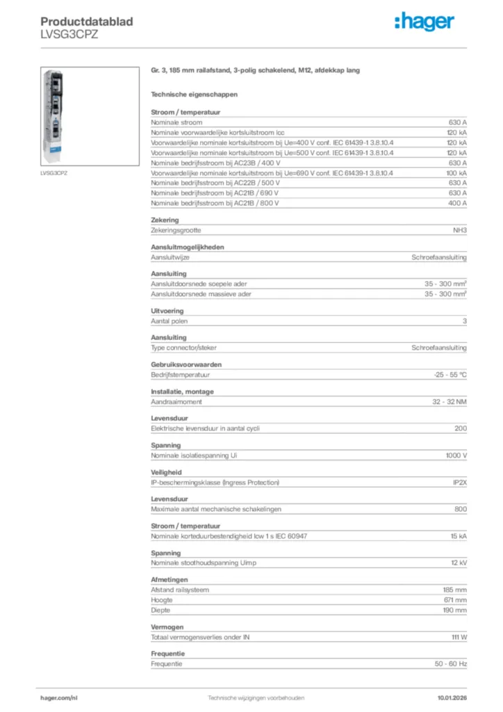 Afbeelding Hager Productdatablad LVSG3CPZ | Hager Nederland