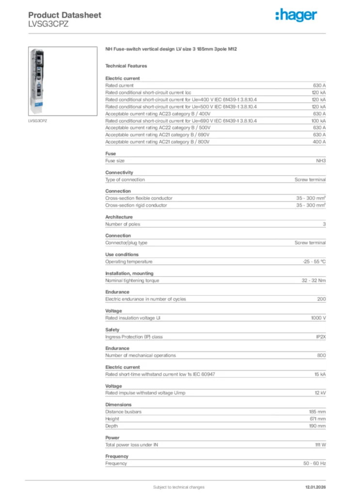 Image Hager Product data sheet LVSG3CPZ  | Hager