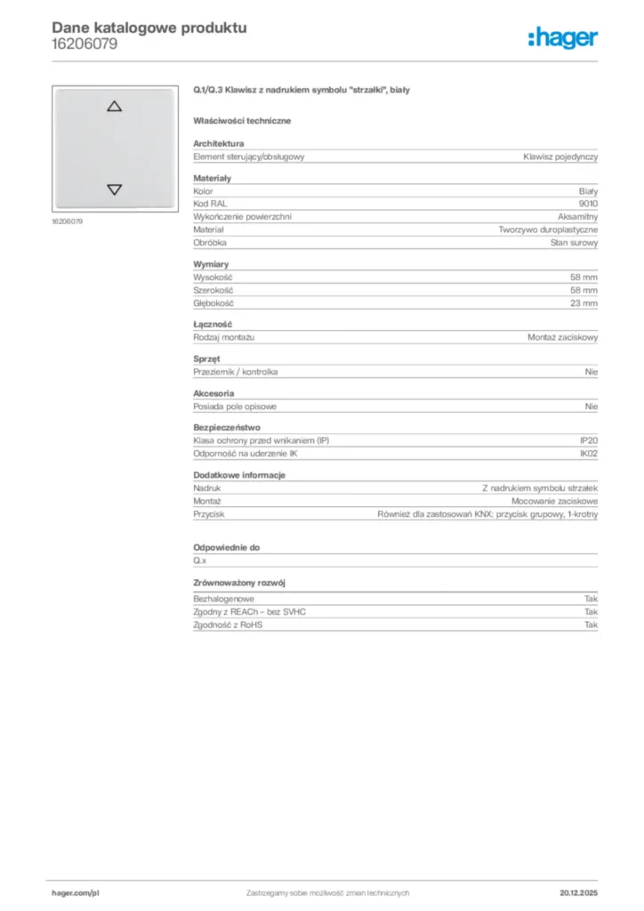 Zdjęcie Hager Karta katalogowa 16206079 | Hager Polska