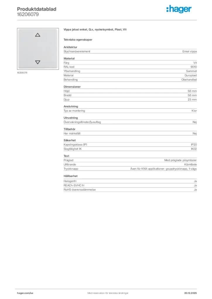 Bild Hager Produktdatablad 16206079 | Hager Sverige