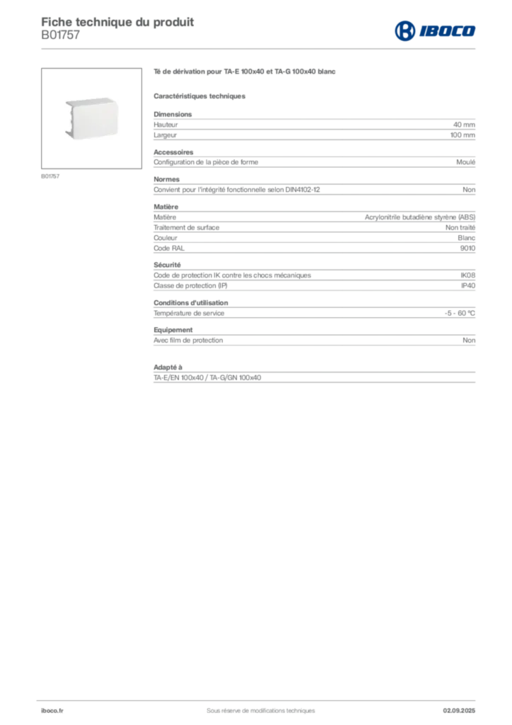 Image Iboco Fiche technique du produit B01757 | Hager France