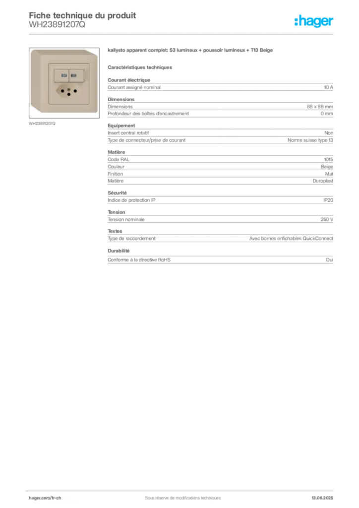 Image Hager Fiche technique du produit WH23891207Q | Hager Suisse