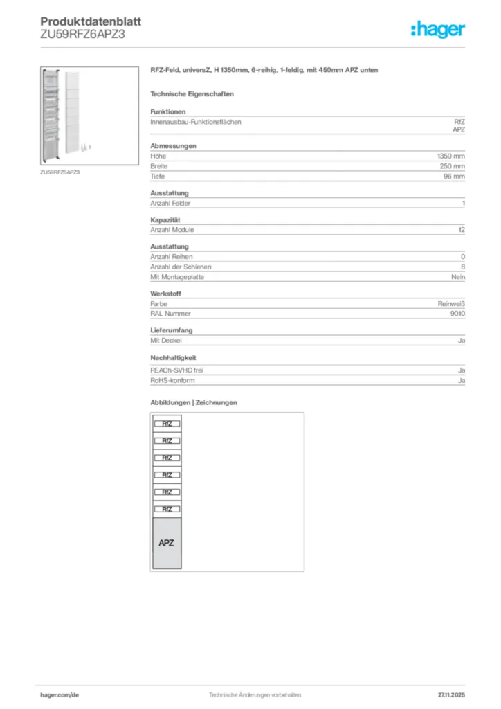 Hager Produktdatenblatt ZU59RFZ6APZ3
