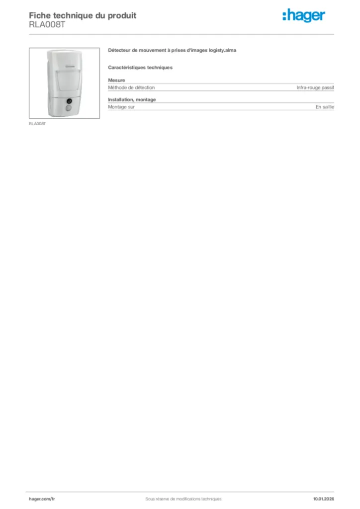 Image Hager Fiche technique du produit RLA008T | Hager France