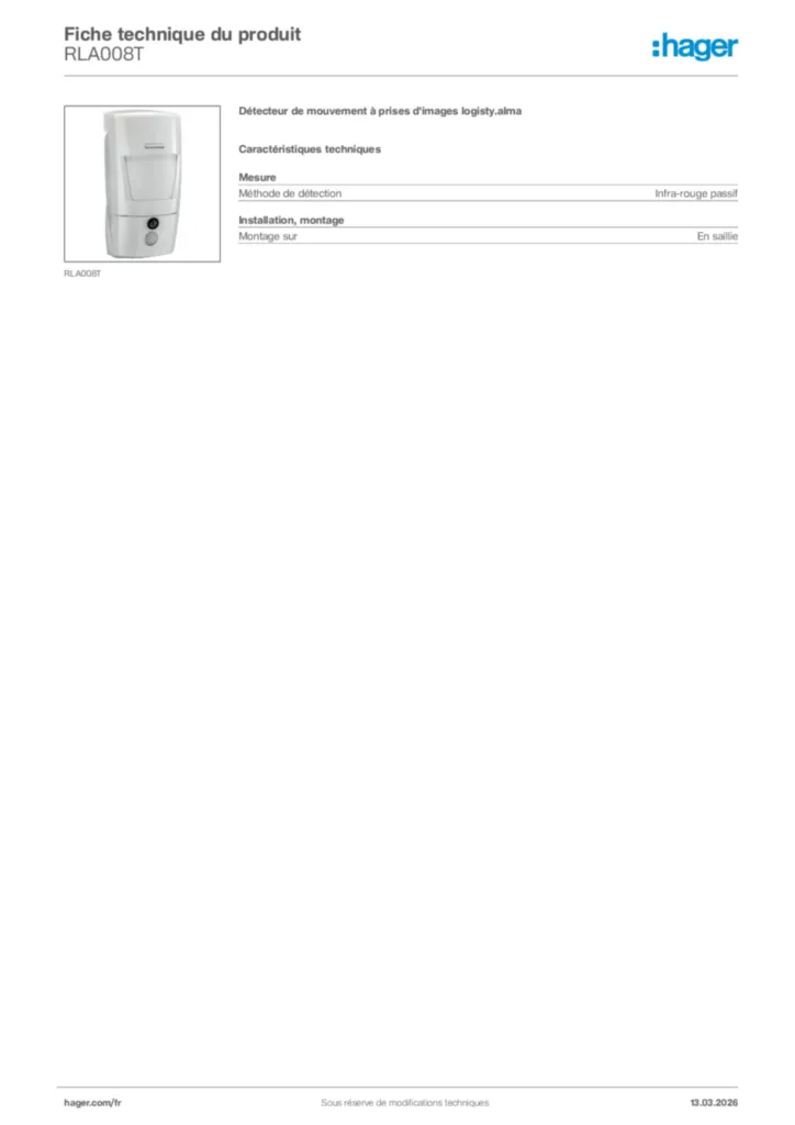 Image Hager Fiche technique du produit RLA008T | Hager France