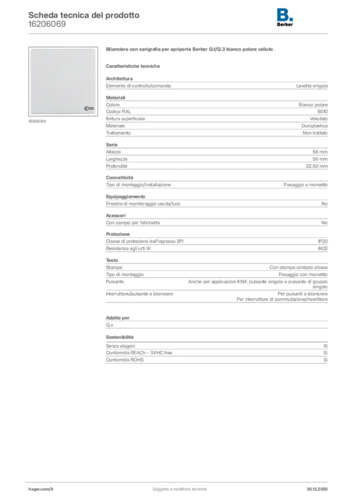 Immagine Berker Scheda tecnica del prodotto 16206069 | Hager Italia