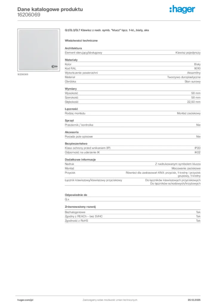 Zdjęcie Hager Karta katalogowa 16206069 | Hager Polska